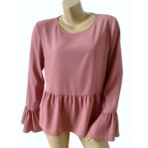 Asos Design Womens US 12 Pink Peplum Bell Sleeve Blouse Long Sleeve Flowy Top